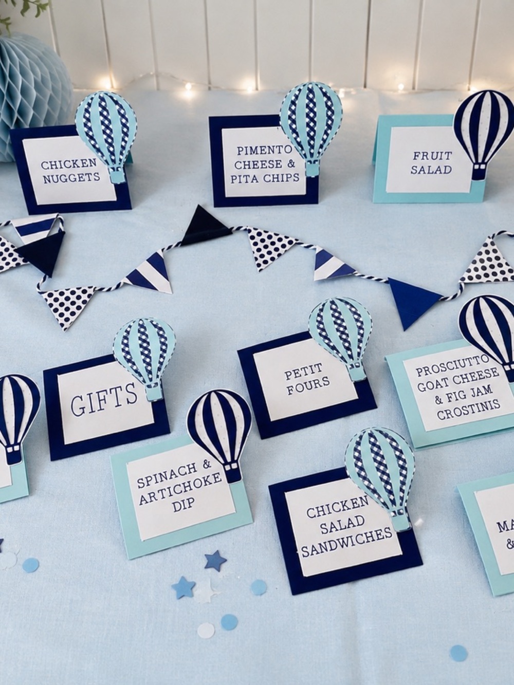 Baby Boy Hot Air Balloon Mini Bunting Banner Shower Party Decor Food Tent Cards